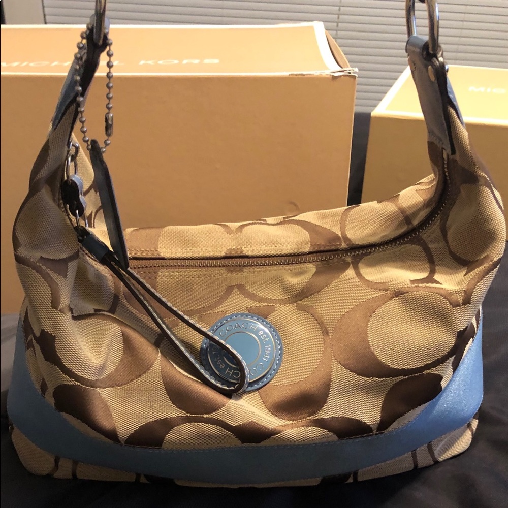Coach signature stripe shoulder hobo bag